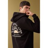 DeFacto Oversize Geniş Kalıp Yarım Fermuarlı Kapüşonlu Sırt Baskılı Sweatshirt, S, B4804AX24SP, Siyah-BK81, erkek