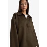 DeFacto Oversize Polo Yaka Süet Uzun Kollu Tişört Haki, L, G6218AX25WN, Haki-KH258, Kadın