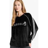 DeFacto Oversize V Yaka Baskılı Kadife Sweatshirt G3729AX25WN - Siyah-BK81