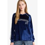 DeFacto Oversıze V Yaka Baskılı Kadife Sweatshirt, S, G3728AX25WN, Lacivert-NV58, kadın