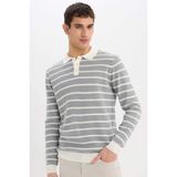 DeFacto Polo Yaka Çizgili Triko Kazak, S, E7604AX24WN, Gri-GR253, Erkek