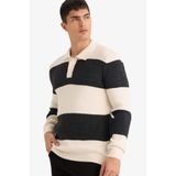 Defacto Polo Yaka Renk Bloklu Triko Kazak, L, D3590AX25WN, Ekru, Erkek