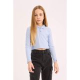 DeFacto Polo Yaka Ribana Uzun Kollu Basic Tişört Kız Çocuk B7407A825SP - 7 - 8 Yaş - Mavi-BE196