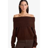 Defacto Regular Fit Açık Omuz Triko Kazak, 2XL, F3029AX25WN, Kahve-BN540, Kadın, XXL