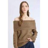 Defacto Regular Fit Açık Omuz Triko Kazak, M, E4549AX24WN, Kahve, Kadın