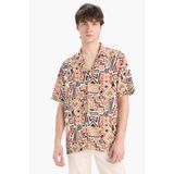 DeFacto Regular Fit Apaş Yaka Desenli Yazlık Kısa Kollu Gömlek, S, E1041AX25SM, Bej-BG702, Erkek