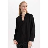 DeFacto Regular Fit Apaş Yaka Saten Uzun Kollu Bluz, S, C3217AX24SP, Siyah, Kadın