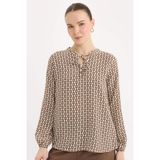 DeFacto Regular Fit Bağcıklı Yaka Desenli Uzun Kollu Bluz, M, N1809AZ25SP, Ekru, Kadın
