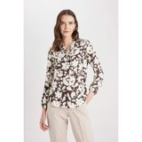 DeFacto Regular Fit Bağcıklı Yaka Desenli Uzun Kollu Bluz, S, N1809AZ24SP, Kahve, Kadın