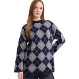 DeFacto Regular Fit Bisiklet Yaka Baklava Desenli Triko Kazak Tunik, S, G6356AX25WN, Lacivert-NV207, Kadın