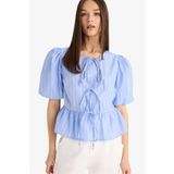 DeFacto Regular Fit Bisiklet Yaka Çizgili Önden Bağlamalı Poplin Kısa Kollu Bluz E2670ax25sp