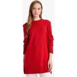 DeFacto Regular Fit Bisiklet Yaka Yırtmaçlı Basic Düz Triko Kazak Tunik H3431AZ25WN - Kırmızı-RD59 - XL