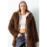 DeFacto Regular Fit Cepli Çıtçıtlı Uzun Suni Kürk Ceket Mont, L, Regular Fit Cepli Çıtçıtlı Uzun Suni Kürk Ceket Mont, Kahve-BN495, Kadın