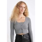 DeFacto Regular Fit Crop Triko Hırka, L, A2076AX24AU, Gri-GR210, Kadın