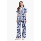 DeFacto Regular Fit Desenli Cep Detaylı Düz Paça Keten Karışımlı Pantolon, 46, E7329AX25SM, Mavi-BE766, Kadın