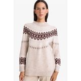 DeFacto Regular Fit Desenli Triko Tunik, S, G5887AX25WN, Bej-BG750, Kadın