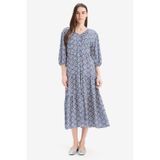 Defacto Regular Fit Desenli V Yaka Uzun Kollu Maxi Elbise E8302AX25SP İndigo