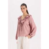Defacto Regular Fit Fırfırlı V Yaka Basic Düz Uzun Kollu Bluz E3393ax24wnpn429 Pembe