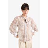 DeFacto Regular Fit Fiyonk Yaka Yılan Desenli Şifon Uzun Kollu Bluz, S, G1701AX25AU, Ekru-ER98, Kadın