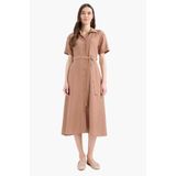 DeFacto Regular Fit Gömlek Yaka Kuşaklı Kısa Kollu Maxi Elbise, 38, TYC7CD684A985A08242B7D700, Kahve-BN591, Kadın