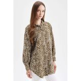 DeFacto Regular Fit Gömlek Yaka Leopar Desenli Uzun Kollu Gömlek Tunik, M, D4097AX24AU, Haki-KH176, Kadın