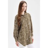 DeFacto Regular Fit Gömlek Yaka Leopar Desenli Uzun Kollu Gömlek Tunik, S, D4097AX24AU, Haki-KH176, Kadın