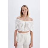 DeFacto Regular Fit Kare Yaka Krinkıl Viskon Kısa Kollu Bluz D1048AX24HS - Beyaz-WT32