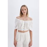 DeFacto Regular Fit Kare Yaka Krinkıl Viskon Kısa Kollu Bluz, XS, D1048AX24HS, Beyaz-WT32, Kadın