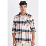 DeFacto Regular Fit Kareli Oduncu Flanel Uzun Kollu Gömlek, S, D4180AX24WN, Ekru-ER98, Erkek