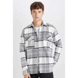 DeFacto Regular Fit Kareli Oduncu Flanel Uzun Kollu Gömlek, S, D6027AX24AU, Gri-GR367, Erkek