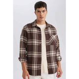 DeFacto Regular Fit Kareli Oduncu Flanel Uzun Kollu Gömlek, XS, D4132AX24WN, Kahve-BN192, Erkek