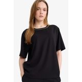DeFacto Regular Fit Nakışlı Krep Tişört, M, E9894AX26SP, Siyah, Kadın