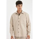 DeFacto Regular Fit Polo Yaka Basic Düz Pamuk Karışımlı Uzun Kollu Gömlek, S, D2622AX24AU, Bej-BG779, Erkek