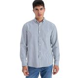 DeFacto Regular Fit Polo Yaka Çizgili Krinkıl Uzun Kollu Gömlek, S, G5333AX25WN, Mavi-BE418, Erkek