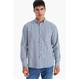 DeFacto Regular Fit Polo Yaka Çizgili Krinkıl Uzun Kollu Gömlek, XS, G5333AX25WN, Mavi-BE418, Erkek