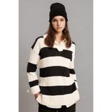DeFacto Regular Fit Polo Yaka Çizgili Triko Kazak Tunik B8370AX24SPER133 Ekru