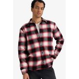 DeFacto Regular Fit Polo Yaka Flanel Kareli Uzun Kollu Gömlek, S, F7115AX25WN, Bordo-BR490, Erkek