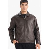 DeFacto Regular Fit Polo Yaka İç Cepli Suni Deri Mont, 2XL, Regular Fit Polo Yaka İç Cepli Suni Deri Mont, Kahve-BN305, Erkek