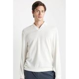 Defacto Regular Fit Polo Yaka Jakarlı Triko Sweatshirt, L, A9785AX24AU, Beyaz, Erkek