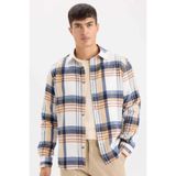 DeFacto Regular Fit Polo Yaka Kareli Flanel Uzun Kollu Gömlek, XS, TYCEF2DF75EB811D08, Ekru-ER140, Erkek