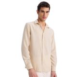 DeFacto Regular Fit Polo Yaka Keten Görünümlü Uzun Kollu Gömlek, L, E3308AX25SM, Bej-BG106, Erkek