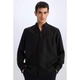 DeFacto Regular Fit Polo Yaka Keten Görünümlü Uzun Kollu Gömlek, M, E1204AX25SM, Siyah, Erkek