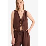 DeFacto Regular Fit V Yaka Bağlamalı Krinkıl Kumaş Kolsuz Bluz, L, F0617AX25SM, Kahve-BN341, Kadın