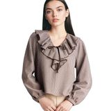 DeFacto Regular Fit V Yaka Kareli Gofre Dokulu Uzun Kollu Bluz, L, G9787AX26SP, Kahve, Kadın