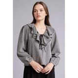 DeFacto Regular Fit V Yaka Kareli Gofre Dokulu Uzun Kollu Bluz, S, G9787AX26SP, Siyah-BK27, Kadın