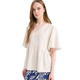 DeFacto Regular Fit V Yaka Keten Karışımlı Kısa Kollu Bluz, 2XL, E7336AX25SM, Ekru-ER37, Kadın
