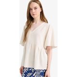 DeFacto Regular Fit V Yaka Keten Karışımlı Kısa Kollu Bluz E7336AX25SM - Ekru-ER37 - 3XL