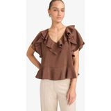 DeFacto Regular Fit V Yaka Modal Kısa Kollu Bluz F8319AX25AU - Kahve-BN167