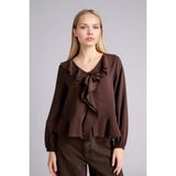 DeFacto Regular Fit V Yaka Modal Uzun Kollu Volanlı Bluz, L, G1971AX26SP, Kahve-BN267, Kadın