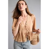 Defacto Regular Fit V Yaka Nakışlı Bağlamalı Pamuklu Kısa Kollu Bluz H0555ax26smbg278 Bej-bg278